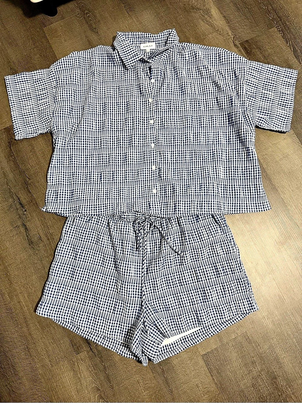 GILLI Gingham Button Down Shirt Set Gingham Short Sleeve Set in Blue & White